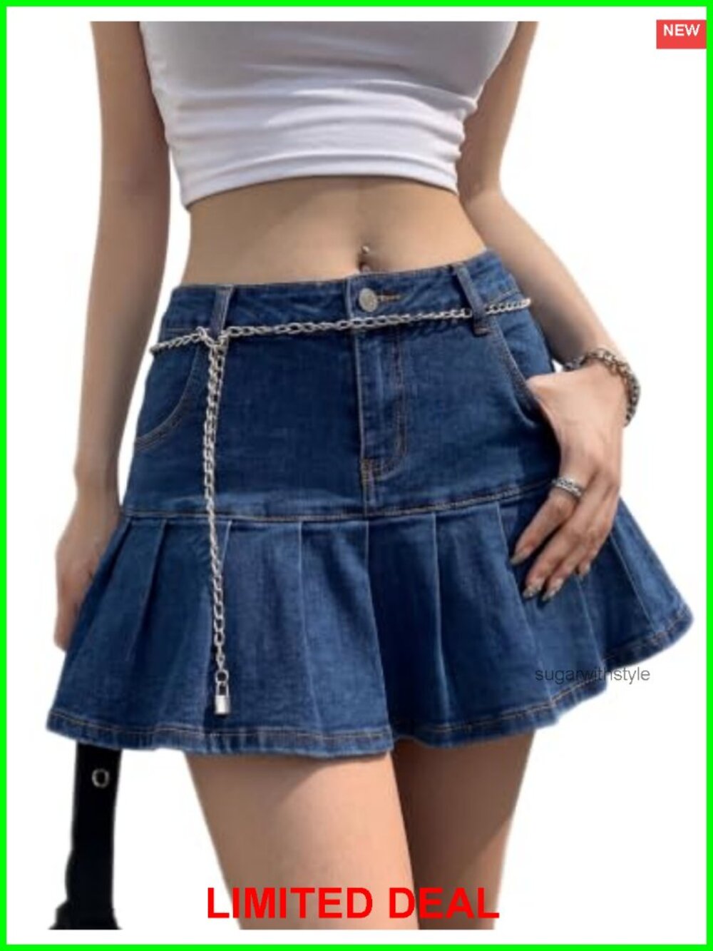 Denim Mini Skort Built in Shorts Ruffle Hem A-Line Jean Skirt